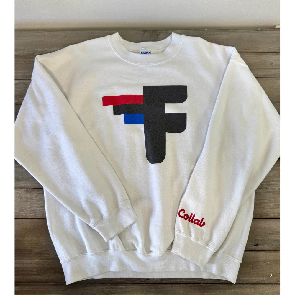 Gildan Heavy Blend White F Graphic Logo Crewneck Sweatshirt Collab Sleeve Mens L - Picture 8 of 12